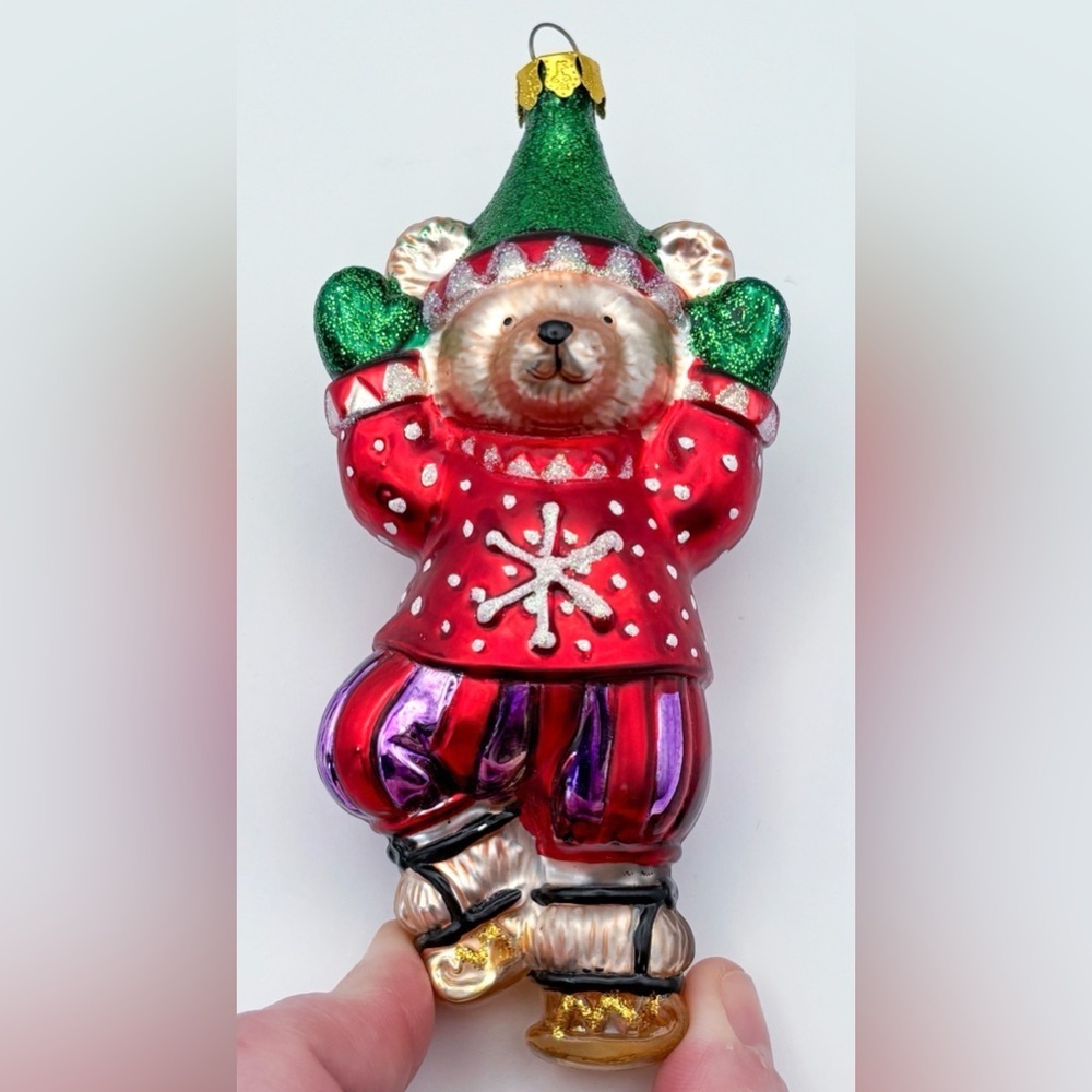 Clown Bear Glass Ornament Whimsical Jolly Christmas Kitsch Holiday Retro Twee